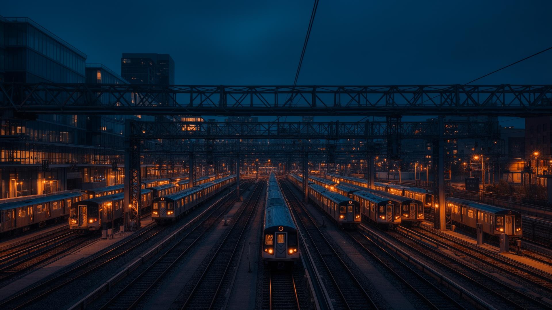 Urban rail yard at dusk